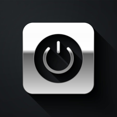 Silver Power button icon isolated on black background. Start sign. Long shadow style. Vector