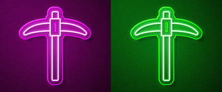 Glowing neon line Pickaxe icon isolated on purple and green background. Vectorのイラスト素材