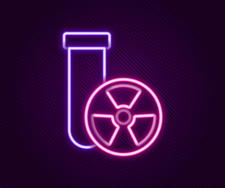 Glowing neon line Laboratory chemical beaker with toxic liquid icon isolated on black background. Biohazard symbol. Dangerous symbol with radiation icon. Colorful outline concept. Vectorのイラスト素材