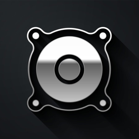 Silver Stereo speaker icon isolated on black background. Sound system speakers. Music icon. Musical column speaker bass equipment. Long shadow style. Vectorのイラスト素材