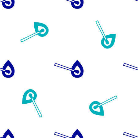 Blue Burning match with fire icon isolated seamless pattern on white background. Match with fire. Matches sign. Vectorのイラスト素材
