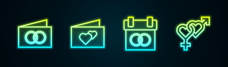 Set line Greeting card, , Calendar and Gender. Glowing neon icon. Vectorのイラスト素材