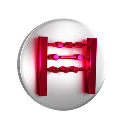 Red Abacus icon isolated on transparent background. Traditional counting frame. Education sign. Mathematics school. Silver circle button.の写真素材