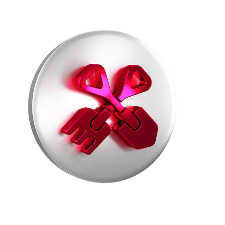 Red Shovel and rake icon isolated on transparent background. Tool for horticulture, agriculture, gardening, farming. Ground cultivator. Silver circle button.の写真素材