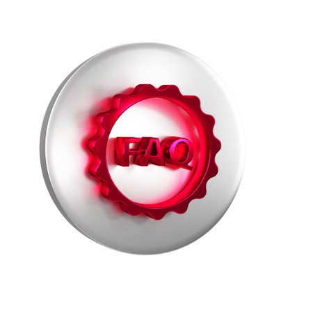 Red Label with text FAQ information icon isolated on transparent background. Circle button with text...