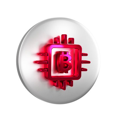 Red CPU mining farm icon isolated on transparent background. Bitcoin sign inside processor. Cryptocurrency mining community. Digital money. Silver circle button.の写真素材