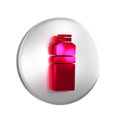 Red Fitness shaker icon isolated on transparent background. Sports shaker bottle with lid for water and protein cocktails. Silver circle button.の写真素材