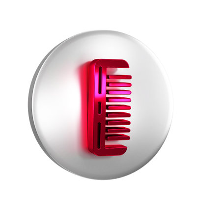 Red Hairbrush icon isolated on transparent background. Comb hair sign. Barber symbol. Silver circle button.の写真素材