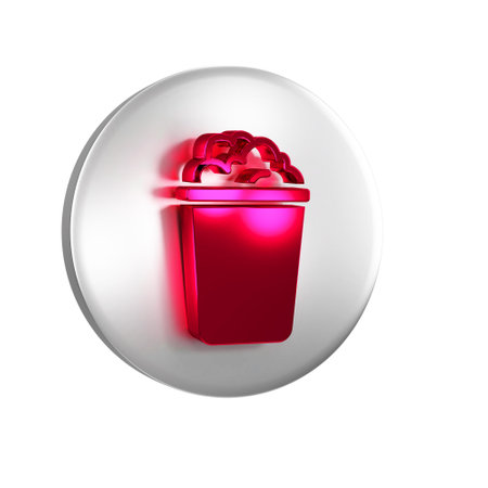 Red Bucket with soap suds icon isolated on transparent background. Bowl with water. Washing clothes, cleaning equipment. Silver circle button.の写真素材