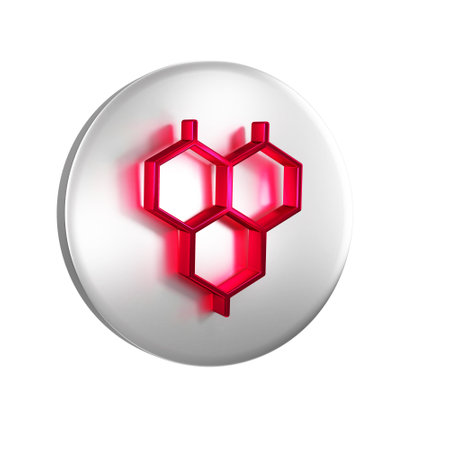Red Chemical formula icon isolated on transparent background. Abstract hexagon for innovation medicine, health, research and science. Silver circle button.の写真素材