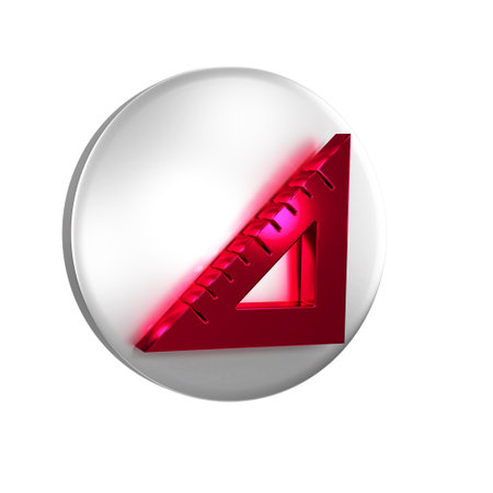 Red Triangular ruler icon isolated on transparent background. Straightedge symbol. Geometric symbol. Silver circle button.の写真素材