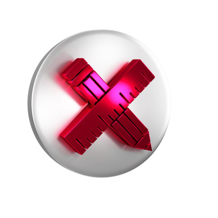 Red Crossed ruler and pencil icon isolated on transparent background. Straightedge symbol. Drawing and educational tools. Silver circle button.の写真素材