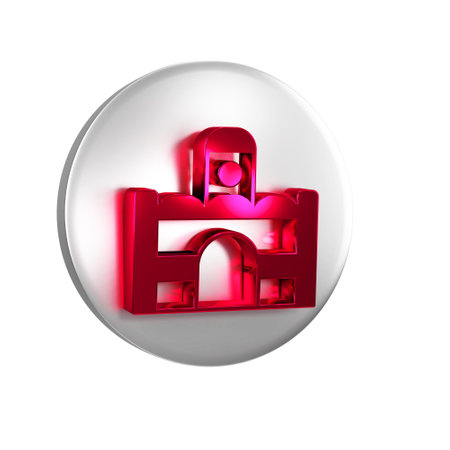 Red Egyptian house icon isolated on transparent background. Silver circle button.の写真素材