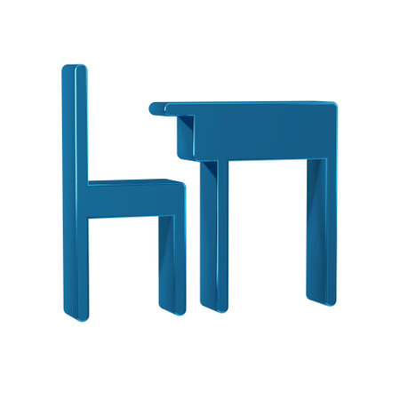 Blue School table and chair of classroom icon isolated on transparent background. School desk.の写真素材