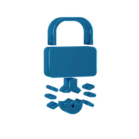 Blue Key broke inside of padlock icon isolated on transparent background. Padlock sign. Security, safety, protection, privacy concept.の写真素材