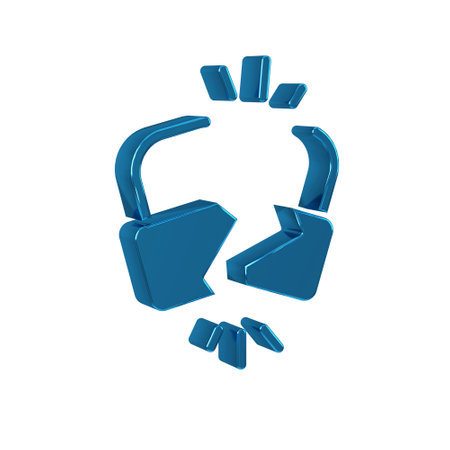 Blue Broken or cracked lock icon isolated on transparent background. Unlock sign.の写真素材