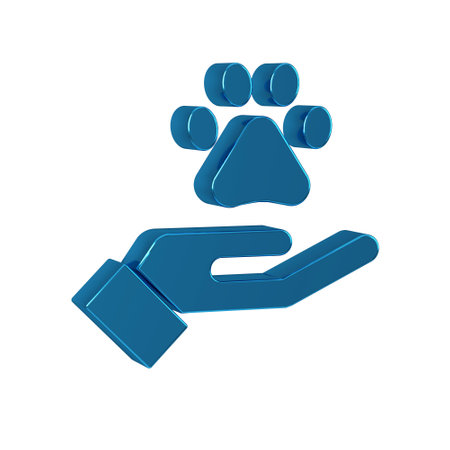 Blue Hands with animals footprint icon isolated on transparent background. Pet paw in heart. Love to the animals.の写真素材