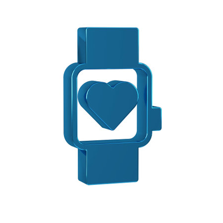 Blue Smart watch showing heart beat rate icon isolated on transparent background. Fitness App...