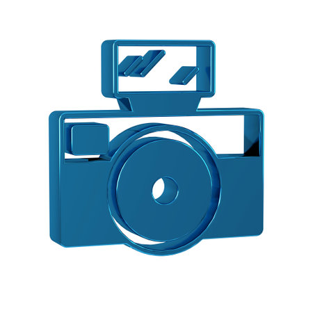 Blue Photo camera with lighting flash icon isolated on transparent background. Foto camera. Digital photography.の写真素材