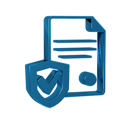 Blue Contract with shield icon isolated on transparent background. Insurance concept. Security,...