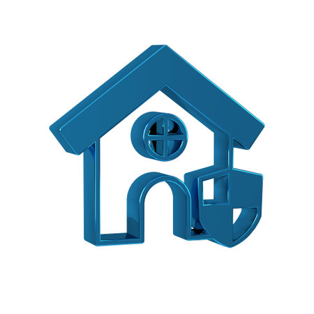 Blue House with shield icon isolated on transparent background. Insurance concept. Security, safety, protection, protect concept.の写真素材