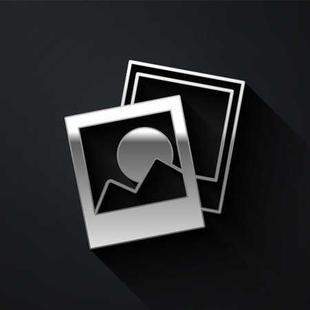 Silver Photo frame icon isolated on black background. Vintage empty photos frame. Long shadow style....