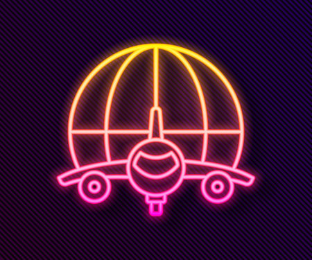 Glowing neon line Globe with flying plane icon isolated on black background. Airplane fly around the planet earth. Aircraft world icon. Vectorのイラスト素材