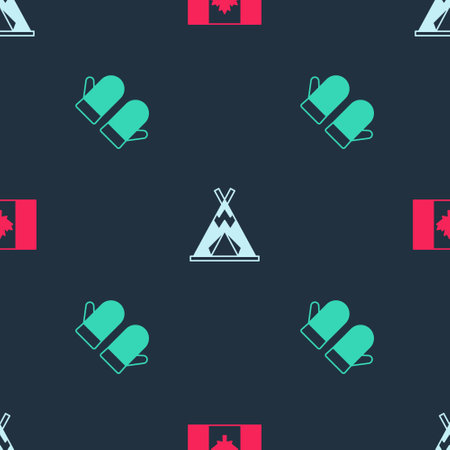 Set Flag of Canada, Indian teepee or wigwam and Christmas mitten on seamless pattern. Vectorのイラスト素材