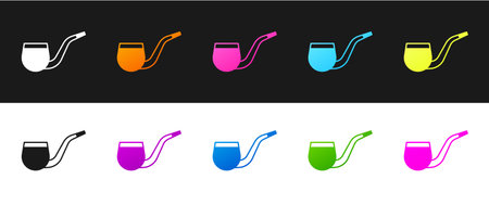 Set No pipe smoking icon isolated on black and white background. Don't smoke. Tobacco pipe. Vector.