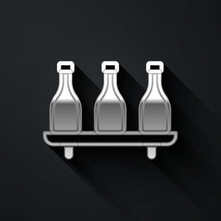 Silver Bottle of wine icon isolated on black background. Wine varieties. Long shadow style. Vector.のイラスト素材