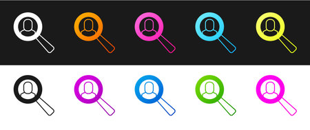 Set Magnifying glass for search job icon isolated on black and white background. Recruitment or selection concept. Search for employees and jobs. Vector.のイラスト素材