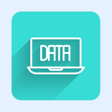 White line Data analysis icon isolated with long shadow background. Business data analysis process, statistics. Charts and diagrams. Green square button. Vector.のイラスト素材