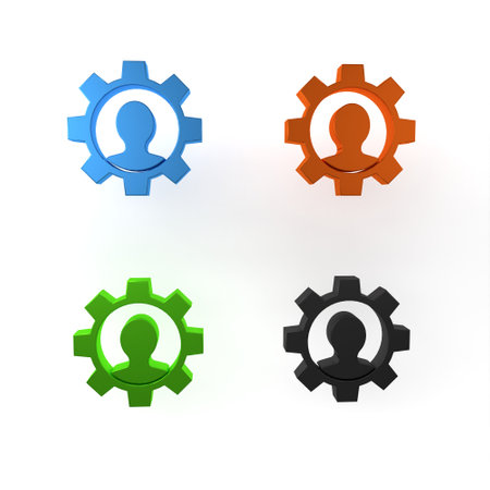 Colorful Human with gear icon isolated on white background. Artificial intelligence. Thinking brain sign. Symbol work of brain. Minimalism concept. 3D render illustration.の写真素材