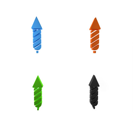 Colorful Firework rocket icon isolated on white background. Concept of fun party. Explosive pyrotechnic symbol. Minimalism concept. 3D render illustration.の写真素材