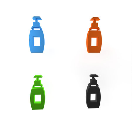Colorful Bottle of liquid antibacterial soap with dispenser icon isolated on white background. Antiseptic. Disinfection, hygiene, skin care. Minimalism concept. 3D render illustration.の写真素材