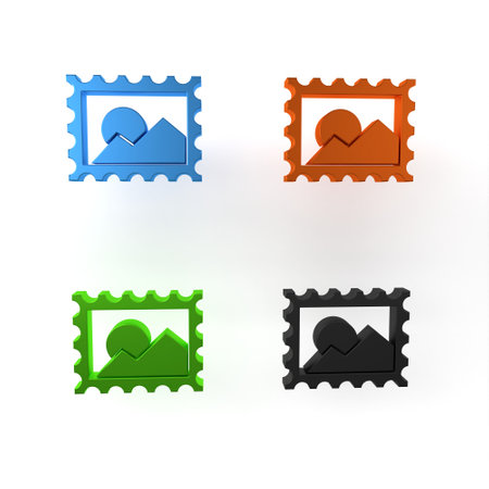 Colorful Postal stamp icon isolated on white background. Minimalism concept. 3D render illustration.の写真素材
