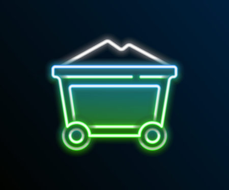 Glowing neon line Mine coal trolley icon isolated on black background. Colorful outline concept. Vector.のイラスト素材