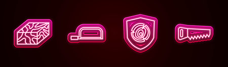 Set line Wooden beam Hacksaw logs and Hand. Glowing neon icon. Vector.のイラスト素材