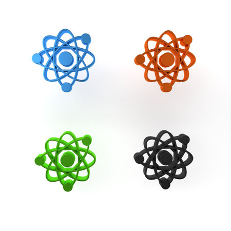 Colorful Atom icon isolated on white background. Symbol of science, education, nuclear physics, scientific research. Minimalism concept. 3D render illustration.の写真素材