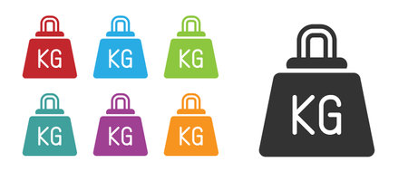 Black Weight icon isolated on white background. Kilogram weight block for weight lifting and scale. Mass symbol. Set icons colorful. Vector.のイラスト素材