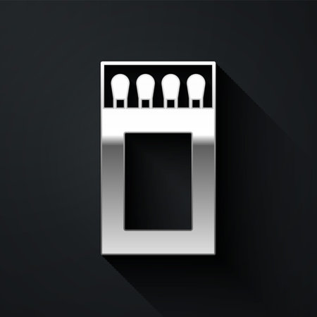 Silver Open matchbox and matches icon isolated on black background. Long shadow style. Vector.のイラスト素材