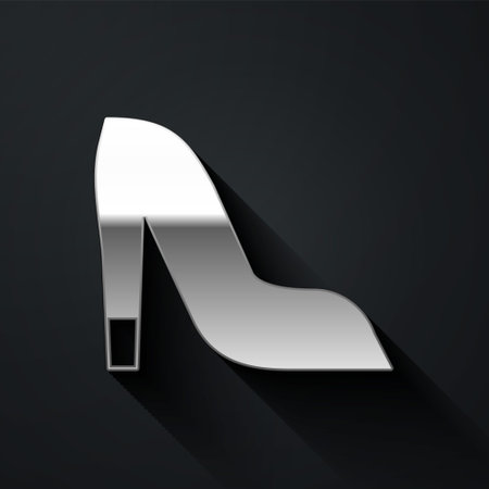 Silver Woman shoe with high heel icon isolated on black background. Long shadow style. Vector.のイラスト素材
