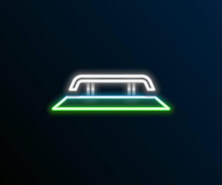 Glowing neon line Skateboard stairs with rail icon isolated on black background. Colorful outline concept. Vector.のイラスト素材