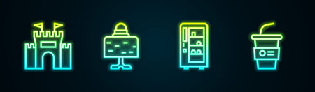 Set line Castle, Magic ball on table, Vending machine and Paper glass with water. Glowing neon icon. Vector.のイラスト素材