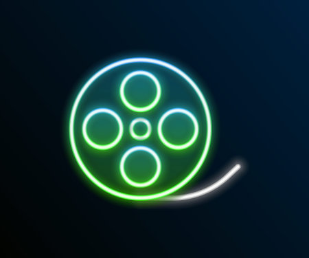 Glowing neon line Film reel icon isolated on black background. Colorful outline concept. Vector.のイラスト素材
