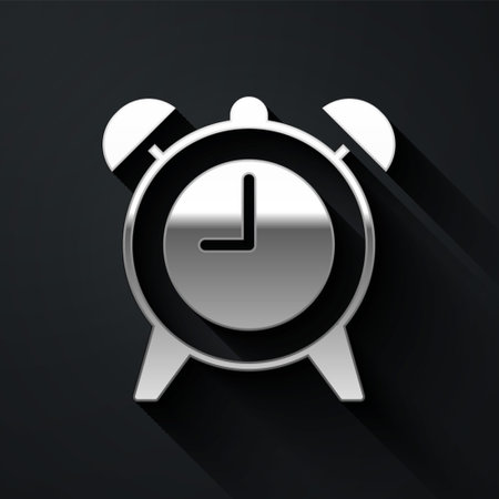 Silver Alarm clock icon isolated on black background. Wake up, get up concept. Time sign. Long shadow style. Vector.のイラスト素材