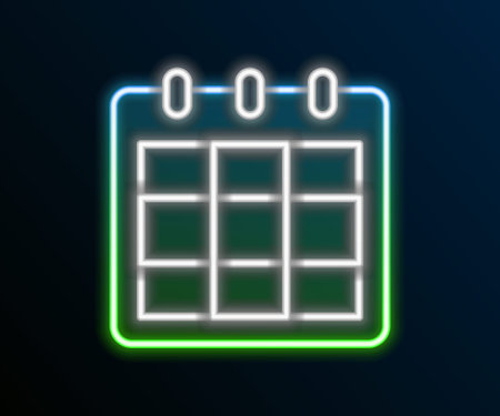 Glowing neon line Calendar icon isolated on black background. Event reminder symbol. Colorful outline concept. Vector.のイラスト素材