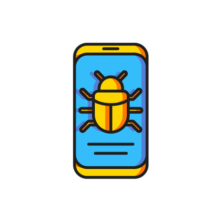 Color System bug on mobile icon isolated on white background. Code bug concept. Bug in the system. Bug searching. Flat filled outline style with shadow. Vector.のイラスト素材