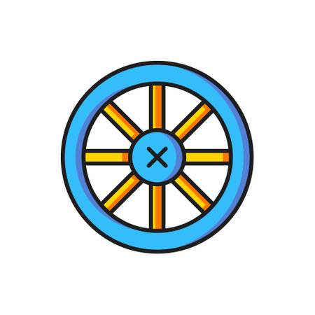 Color Old wooden wheel icon isolated on white background. Flat filled outline style with shadow. Vector.のイラスト素材