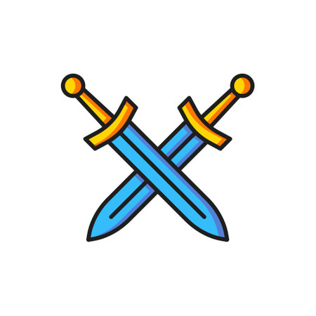 Color Crossed medieval sword icon isolated on white background. Medieval weapon. Flat filled outline style with shadow. Vector.のイラスト素材